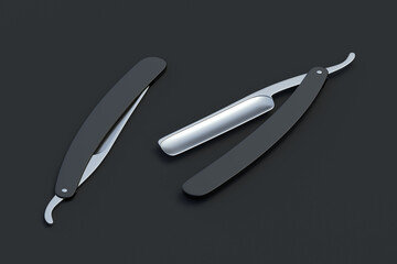 Two straight razors for shaving on black background. Barber tool. Barbershop accessory. Professional instrument. 3d render