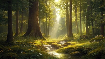 Obraz premium Tranquil forest view with towering trees, sunlight dappling the ground, and a peaceful stream