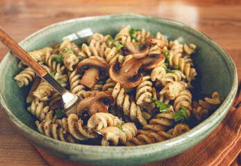 fusilli pasta, in creamy mushroom sauce, pasta with mushrooms, homemade, no people,