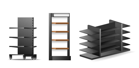 Empty Retail Store Racks And Shelves In Modern Style. Various Types Of Display Units For Store Interior Design Concepts