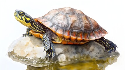 Obraz premium Japanese Pond Turtle Basking on Rock in Tranquil Watercolor Scene