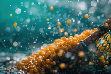 Bright yellow orbs spill from a net, creating splashes in a serene turquoise environment, capturing the essence of aquatic abundance.