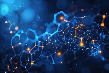 A blue and orange background with a lot of dots and hexagons