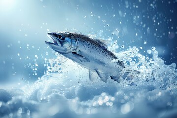 A vibrant trout leaps gracefully above the water, creating a dazzling spray as it catches the fading light of dusk.