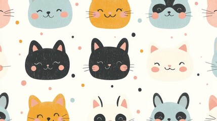 Seamless Pattern of Cartoon Cat and Raccoon Faces with Pink Cheeks
