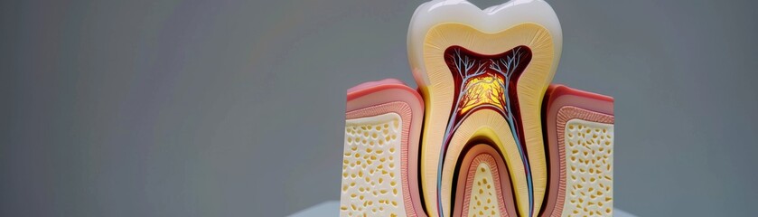 Obraz premium Detailed anatomical model of a tooth showcasing its layers, perfect for dental education and healthcare illustrations.