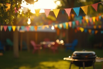Neighborhood block party with colorful bunting and banners, with copy space