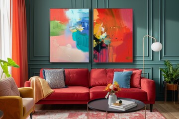 Abstract painting with vibrant colors in a living room