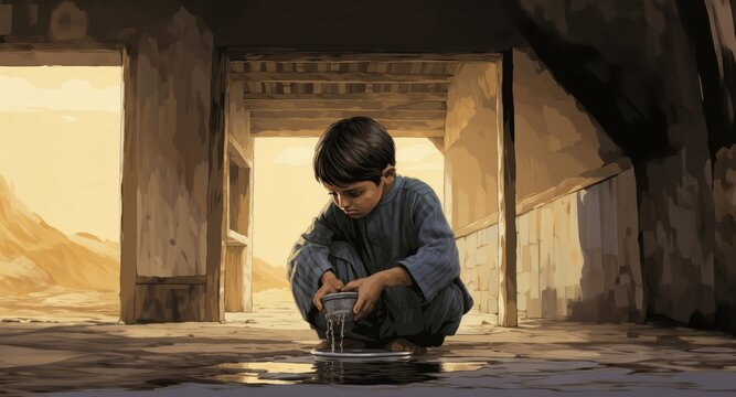n a tender moment, a young boy engages in the Islamic ritual of "abdest," cleansing and purifying his body before prayer, embodying the spiritual traditions and cultural practices associated with