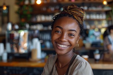 Fototapeta premium Portrait of a smiling young African American woman in a cafe