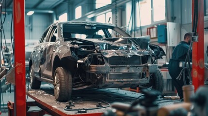 Fototapeta premium A car on a lift with mechanics fixing the damage from a collision