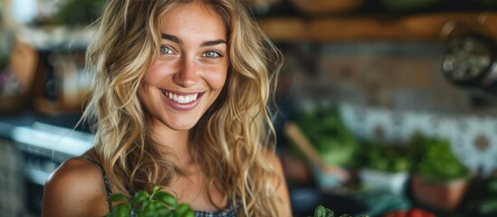 Fototapeta premium Portrait of a Happy Woman with Wavy Blonde Hair
