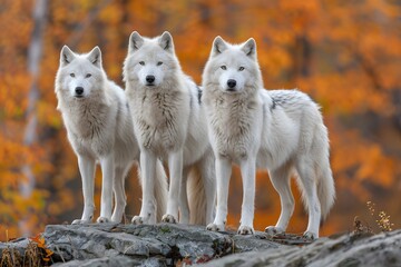 Obraz premium Three Arctic Wolves in Autumn Forest - Wildlife Photography for Nature Art, Wall Decor, Posters, Educational Use