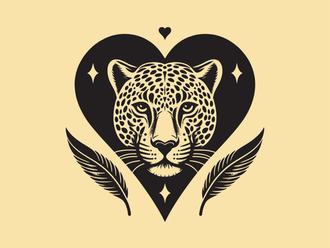 Lopard head portrait. Heart and feather. Boho, magical vector illustration. vintage black engraving, emblem, logo. tattoo sketch, print	