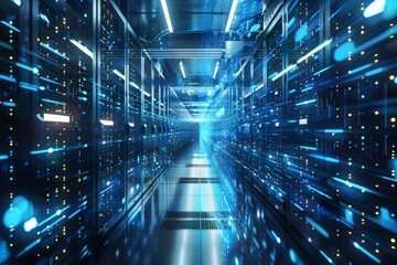 Fototapeta premium High-Tech Data Center Corridor With Flowing Light Effects at Night
