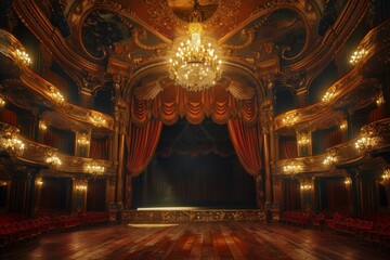 Interior of a opulent theater hall lit with chandeliers