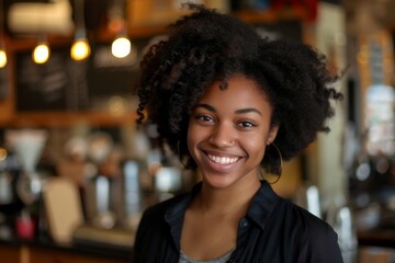 Portrait of a smiling young African American woman in a cafe