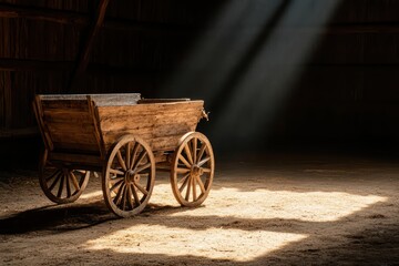 Obraz premium The broken cart, once a prized possession, was lovingly restored to its former glory, basking in the sunlight filtering through the old barns windows, banner, with copy space