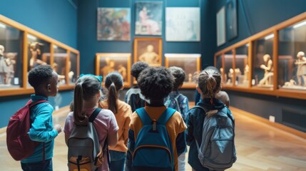 A group of school children on a field trip exploring a museum