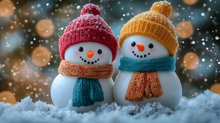 Two snowmen with hats and scarves are standing in the snow. The snowmen are smiling and seem to be enjoying the winter weather