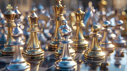 Shot of CHESS concept gold and si king surrounded with SILVER and GOLD chess pieces on game competition, chess battle, victory, success, team leader, teamwork, business strategy concept.3d rendering.