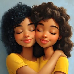 Fototapeta premium Two women with curly hair are hugging each other in a yellow shirt. Scene is warm and loving