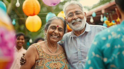 Obraz premium A couple smiles happily together at a festive outdoor event filled with colorful decorations and cheerful guests