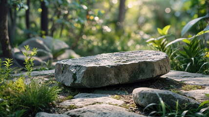 Fototapeta premium Stone Slab in a Lush Green Environment with Blurred Images of Trees and Stones
