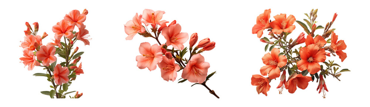 Set of blooming red tecoma flowers. Isolated on a transparent background.