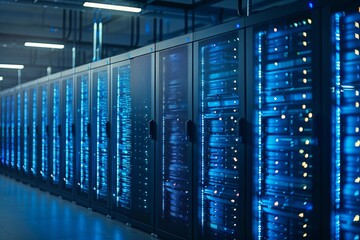 Modern Data Center With High-Tech Servers Illuminated in Blue Lighting During Evening Hours