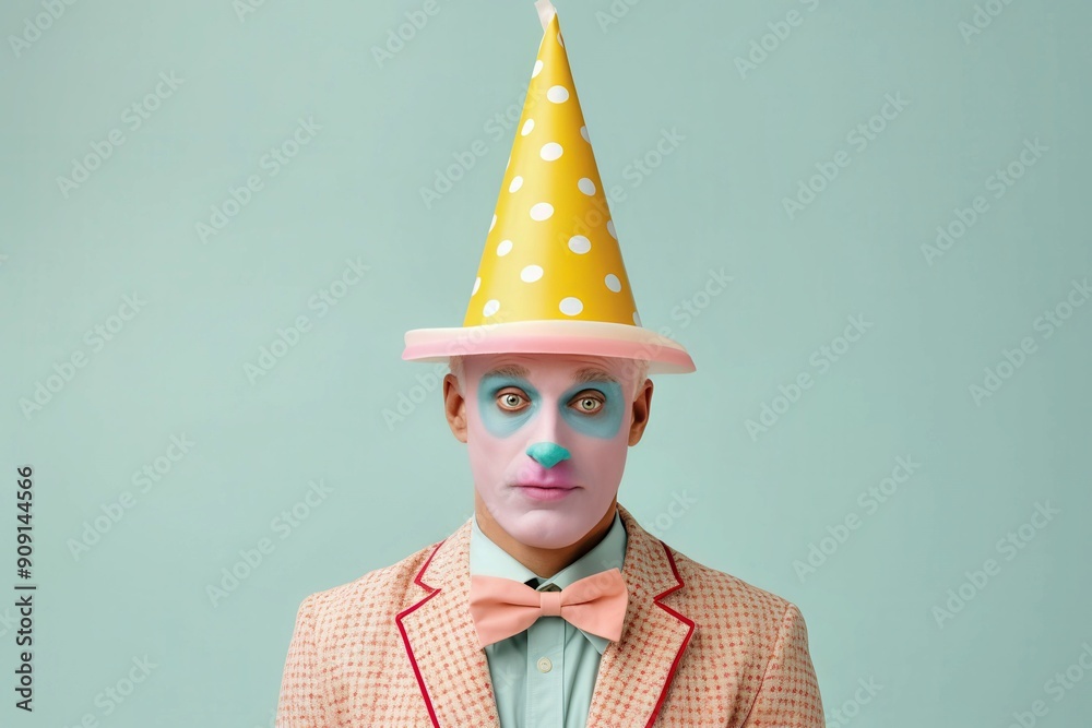 Wall mural Creative photos of a clown with a hat and colored background to celebrate birthdays