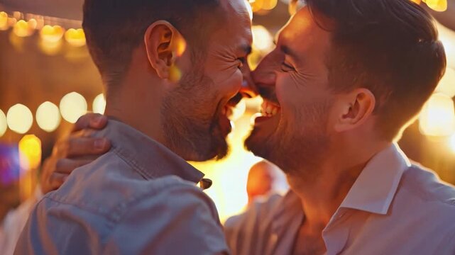 close-up of a joyfully dancing gay male couple