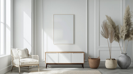 Minimalist living room with a cozy chair, white cushions, a sleek cabinet, and decorative plants with large blank frame, bathed in natural sunlight from a large window.