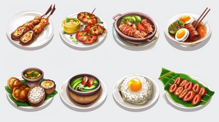A vibrant selection of traditional Southeast Asian dishes displayed on white plates