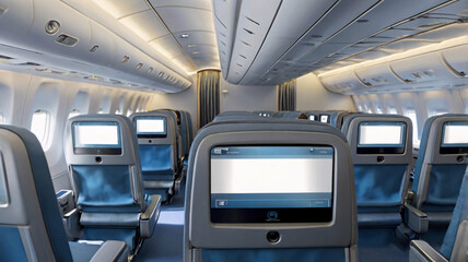 Obraz premium Airplane Cabin with Rows of Blue Seats and Entertainment Screens Mounted on Each Seat Back