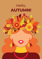 Autumn background with a beautiful girl wearing a wreath of leaves and flowers, earrings and a necklace. Creative poster with a fashionable beauty with jewelry and an autumnal floral wreath.