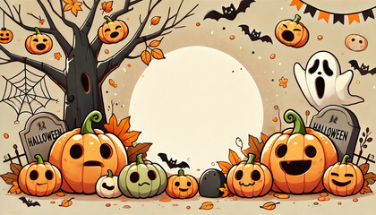 Happy halloween holiday concept. Halloween decorations, bats, ghosts on orange background. Halloween party greeting card mockup with copy space.
