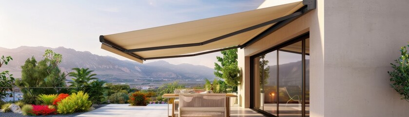 Modern patio with elegant awning, offering a stylish outdoor space for relaxation and dining, surrounded by lush landscape.