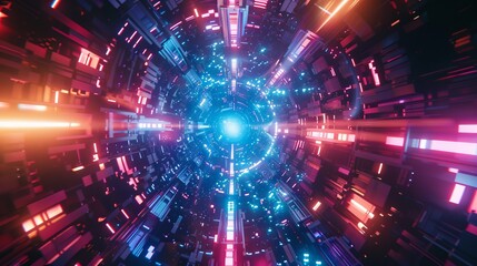 Neon colored cyberpunk tunnel with vibrant lights.