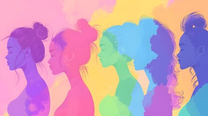 An illustration of diverse women with abstract shapes and colors, symbolizing diversity in the design world. The background should be clean to highlight their silhouettes