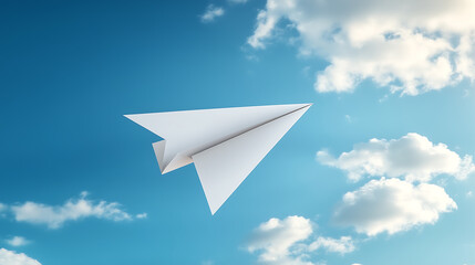 Paper airplane flying in the sky. white paper plane isolated on blue background with clouds