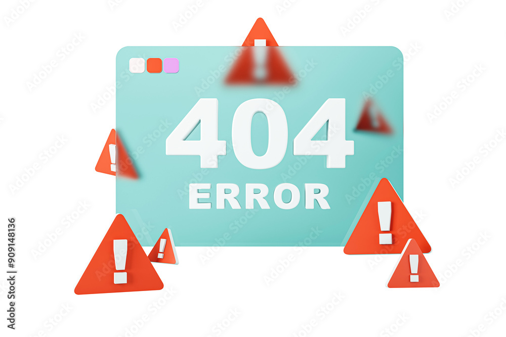 Poster A 404 error page design with red warning signs, illustrated in a modern style on a white background. Concept of web page not found. 3D Rendering.
