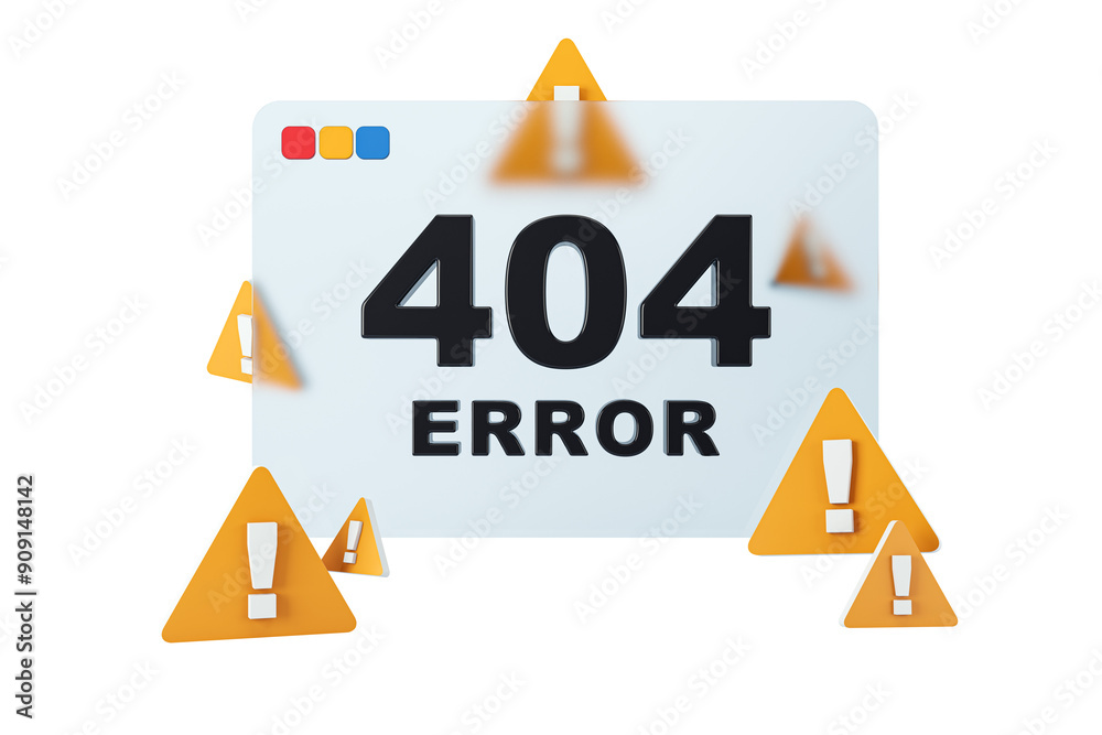 Aufkleber 404 error page with black text surrounded by orange warning signs on white background. Concept of page not found. 3D Rendering