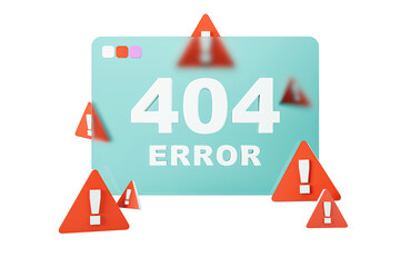 A 404 error page design with red warning signs, illustrated in a modern style on a white background. Concept of web page not found. 3D Rendering.