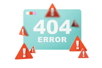 A 404 error page design with red warning signs, illustrated in a modern style on a white background. Concept of web page not found. 3D Rendering.