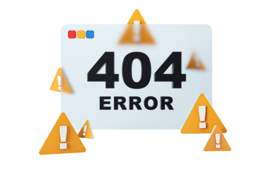 404 error page with black text surrounded by orange warning signs on white background. Concept of page not found. 3D Rendering - Powered by Adobe