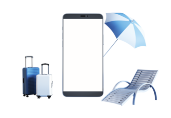 Mobile phone mockup with blank screen, suitcases, beach chair, and umbrella on white background. Concept of online travel booking. 3D Rendering