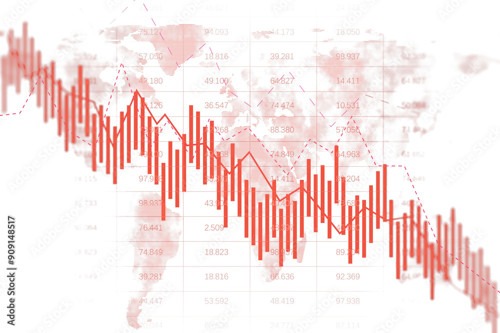 Poster a financial graph with a declining stock trend in red, set against a global map background. concept 