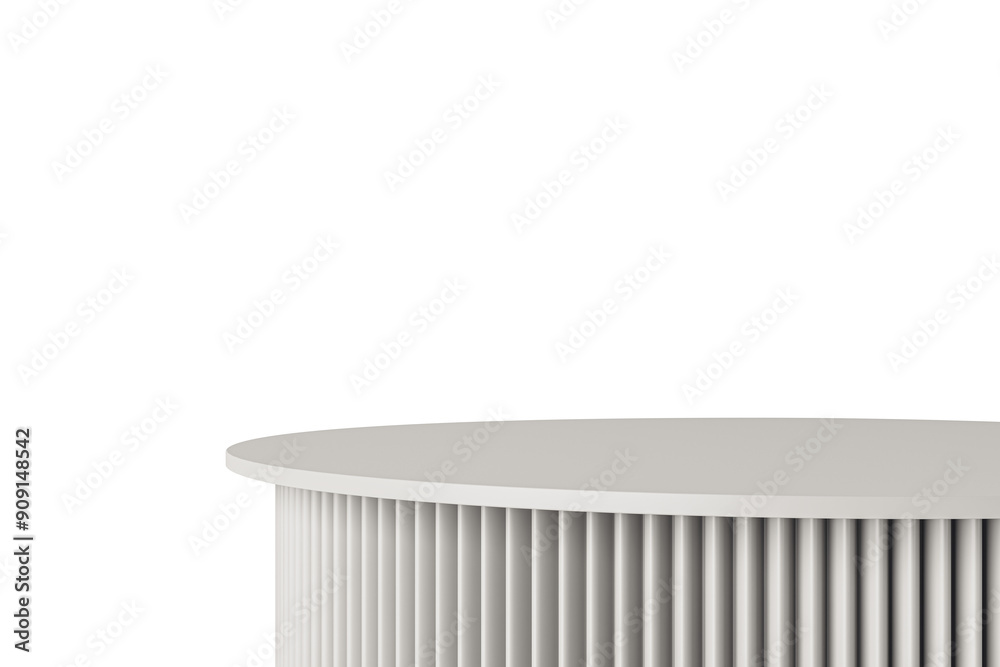 Poster Circular podium with vertical lines design, isolated on a white background. Modern and clean concept for showcasing products. 3D Rendering