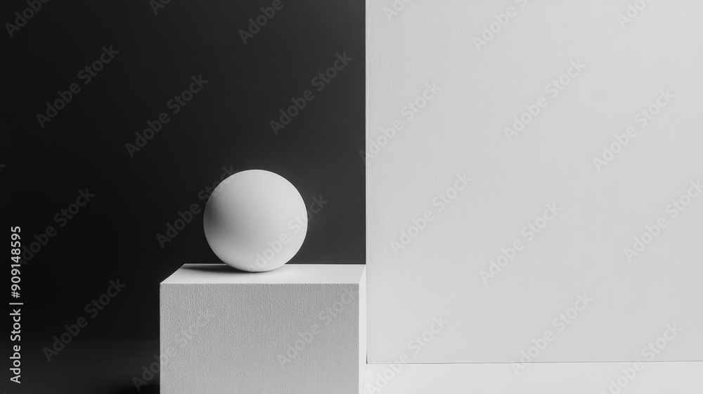 Poster minimalistic geometric composition with sphere and cubic shapes, black and white contrast